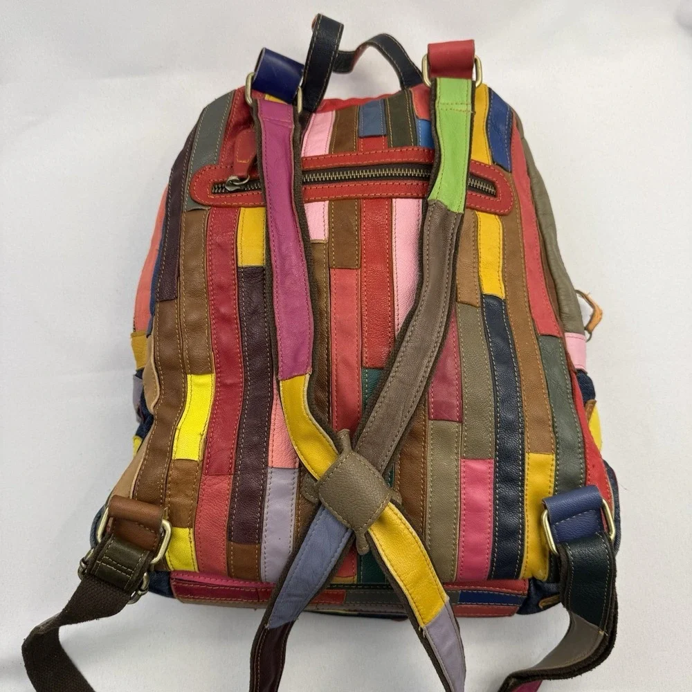 VTG Amerileather‎ Leather Backpack Multi Color Rainbow Flower Boho Denim Bag Y2K